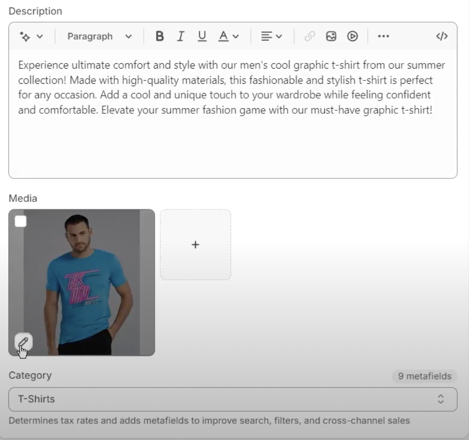 Shopify product image editing screen displaying an alt text input for a product image. Using descriptive alt text like “Men’s Graphic T-Shirt - Blue” helps search engines understand the content, boosting your store’s SEO.